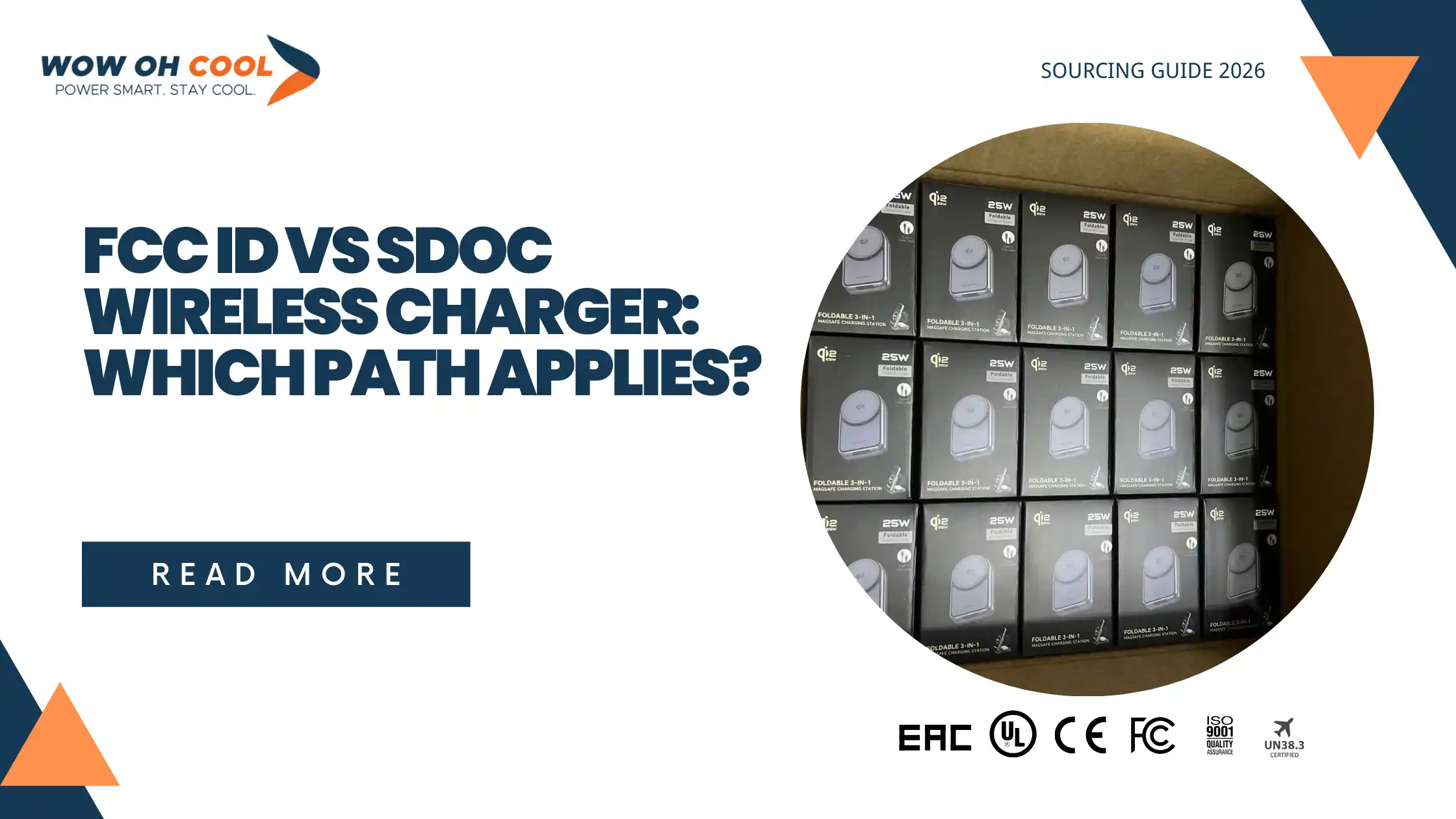 Cover image for the FCC ID vs SDoC wireless charger guide, showing WOWOHCOOL foldable 3-in-1 magnetic charging station retail boxes and certification marks including UL, CE, ISO 9001, and UN38.3