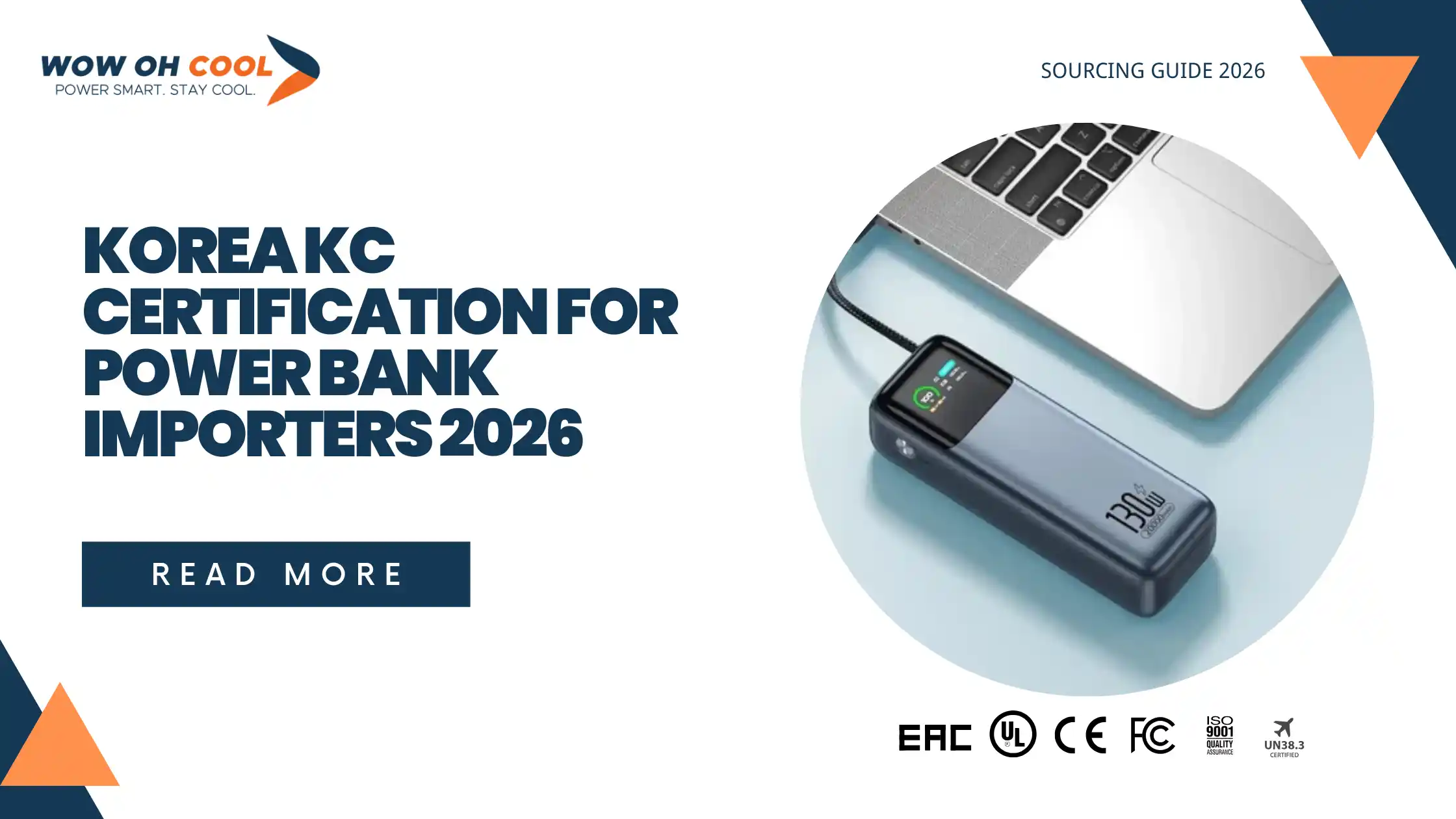 Korea KC certification guide cover with a power bank, charger, and KC mark for importers