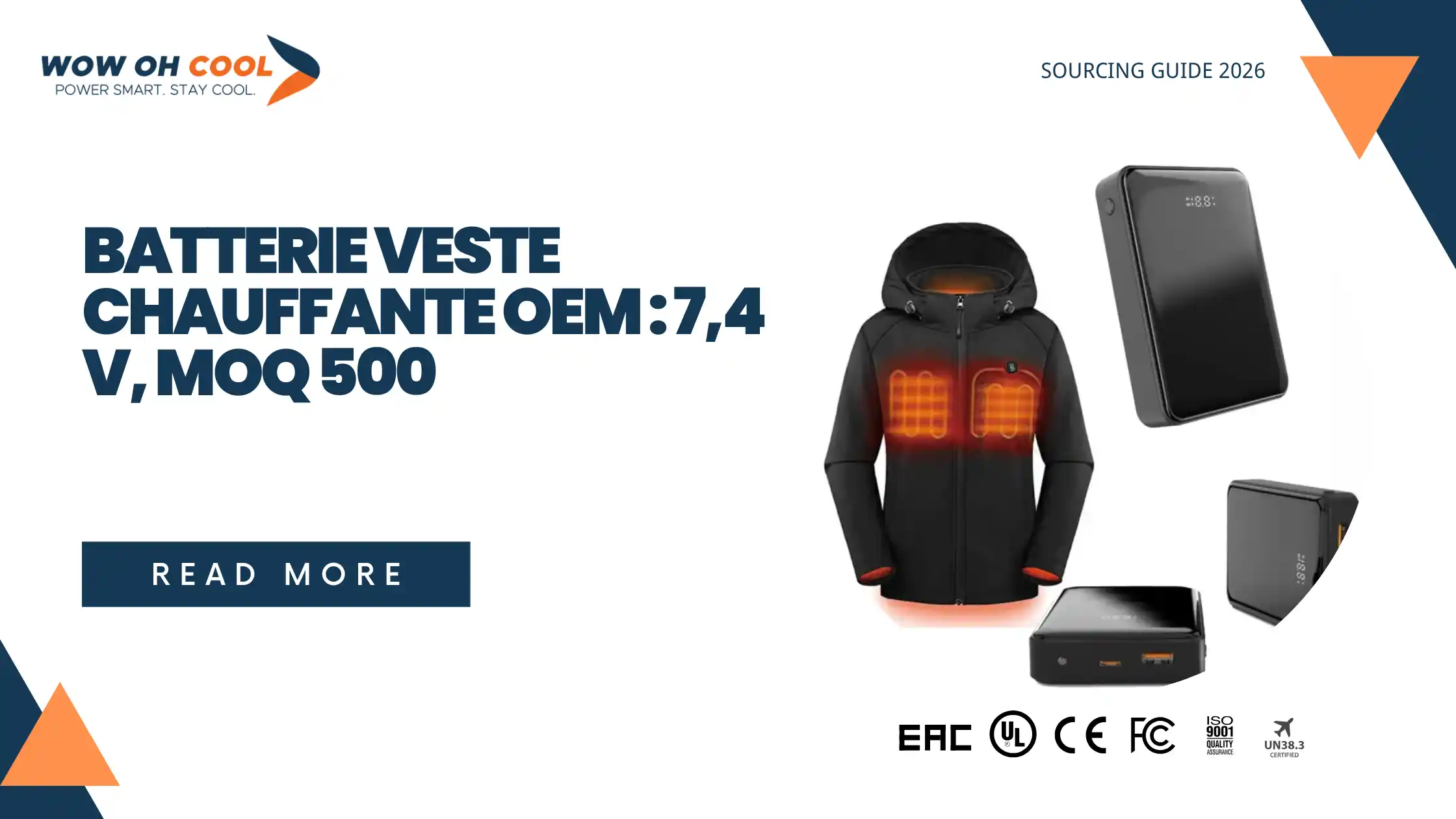 Couverture du guide : veste chauffante noire avec zones de chauffe visibles, trois batteries chauffantes et labels EAC, UL, CE, FCC, ISO 9001 et UN38.3