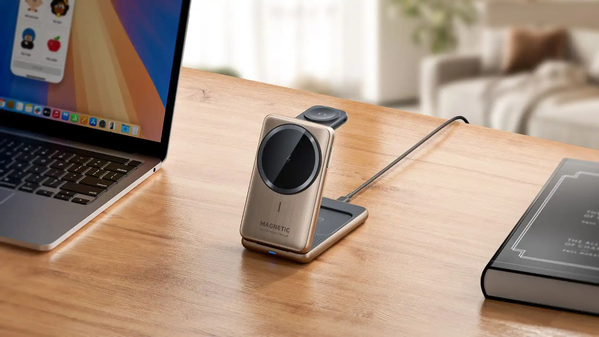 Sạc không dây 3-trong-1 màu champagne cao cấp trong phòng khách sạn sang trọng - giải pháp sạc hospitality cao cấp WOWOHCOOL