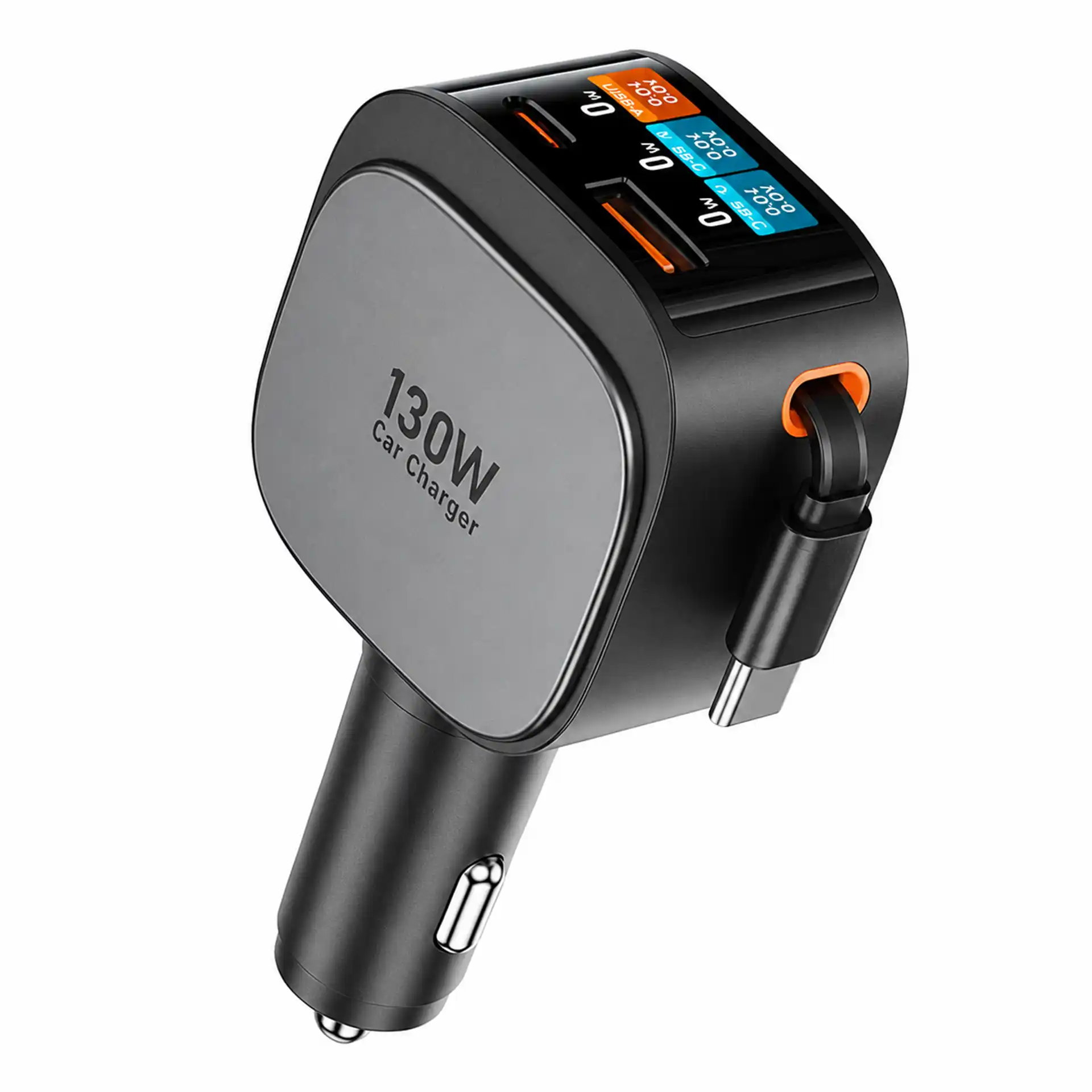 WOF22 TFT-Display Autoladegerät 130W mit integriertem aufrollbarem Type-C-Kabel vom Werk WOWOHCOOL - PD 100W Autoladegerät OEM