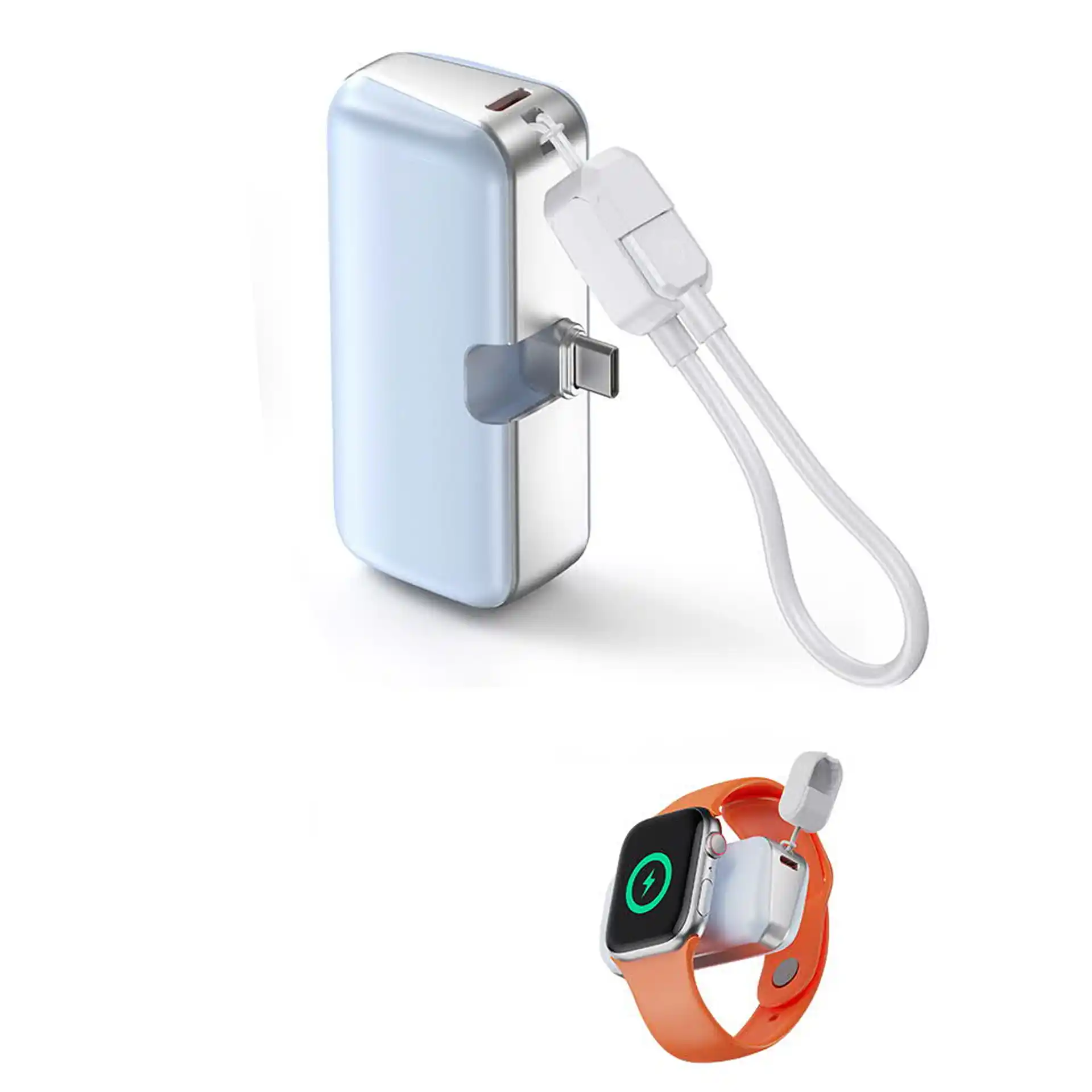 WOPJ03 Power Bank 5000mAh with 2.5W Apple Watch wireless charger, 22.5W USB-C PD output, foldable Type-C and Lightning plugs, built-in cable, 188 matrix LED display