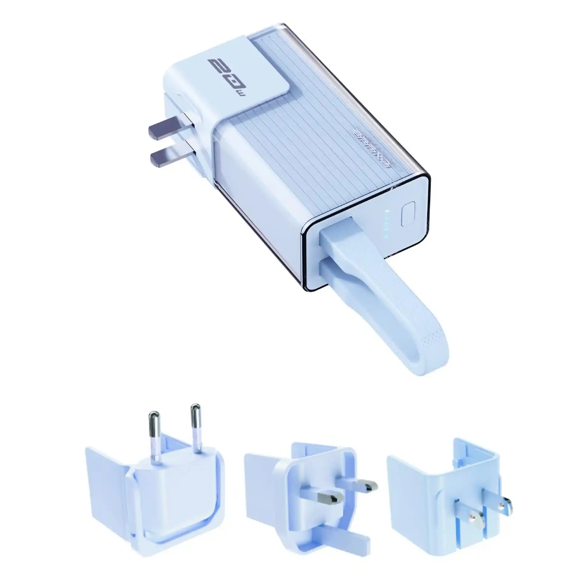 WOPJ69 2-in-1 Hybrid Charger Power Bank 5000mAh with built-in Type-C and Lightning cables, 20W PD power bank mode, 10W adapter mode, foldable AC plug, PC+ABS shell, ultra-compact pocket-size 9.1cm body