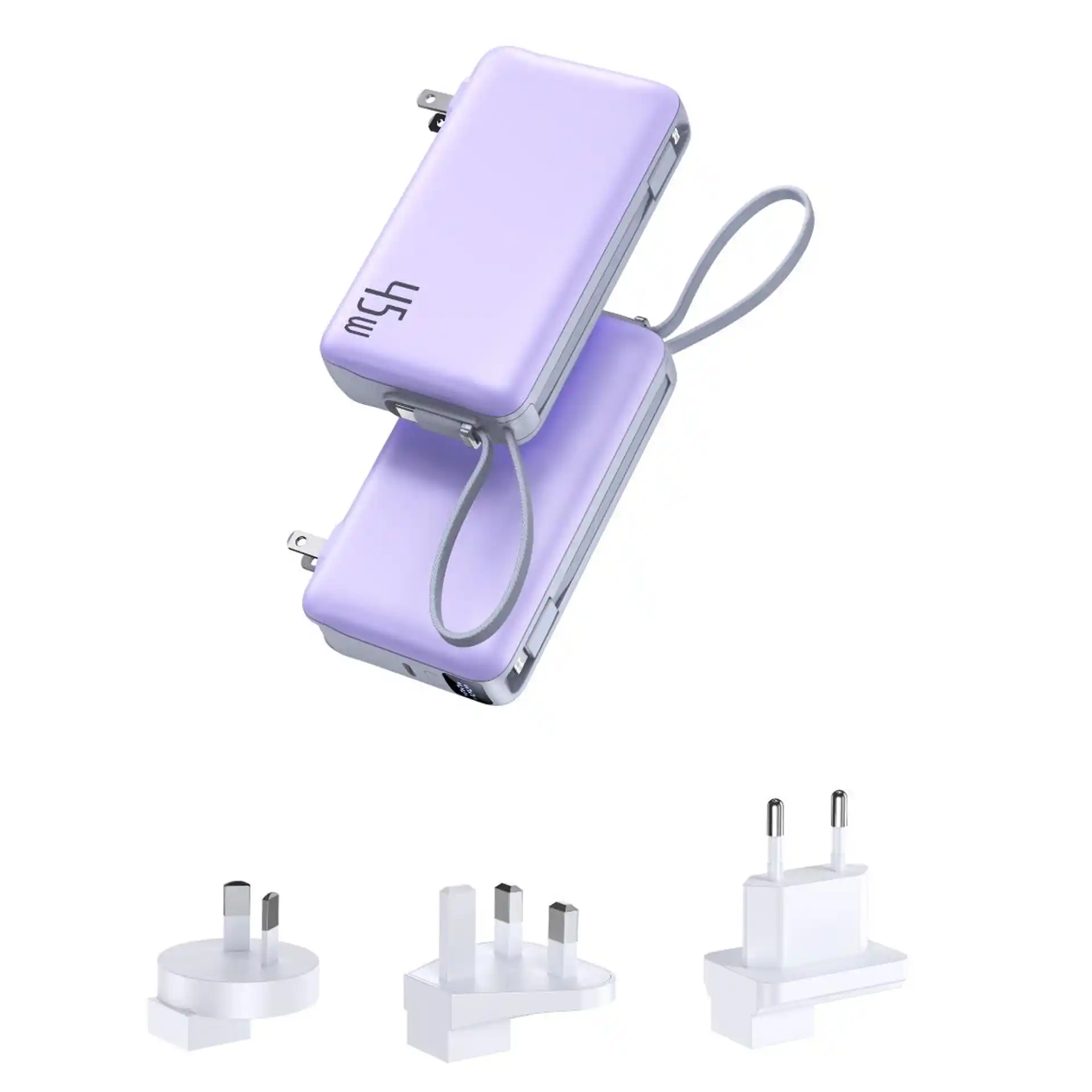 WOPJ73 2-in-1 Hybrid Charger Power Bank 20000mAh with built-in Type-C and Lightning cables, 45W PD GaN wall charger adapter, foldable AC plug, 12000mAh rated capacity, dual-mode adapter + power bank