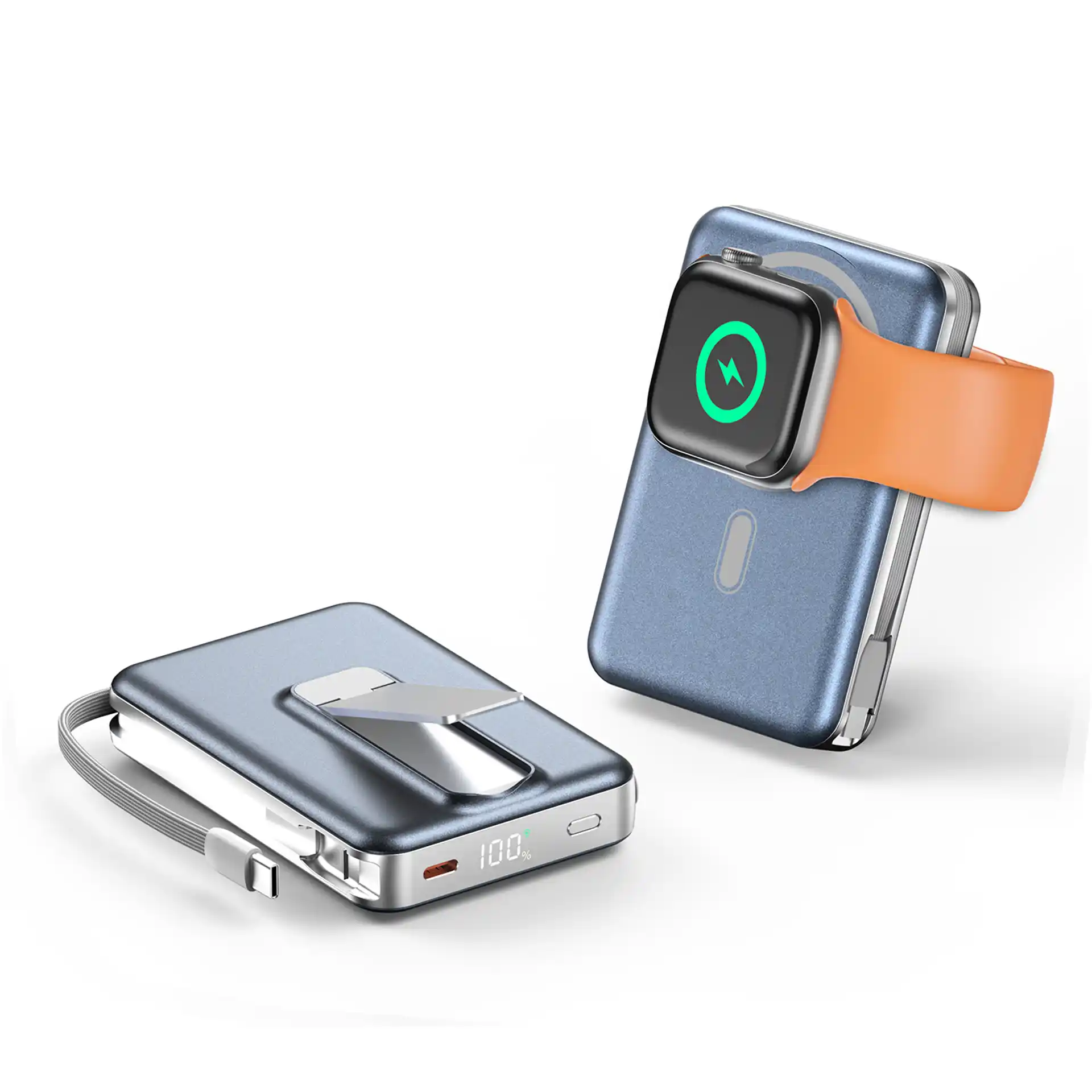 WOPQ10 Magnetic Power Bank 10000mAh with Qi2 15W wireless, PD 35W USB-C input/output, 2.5W Apple Watch charger, built-in braided cable, zinc alloy kickstand