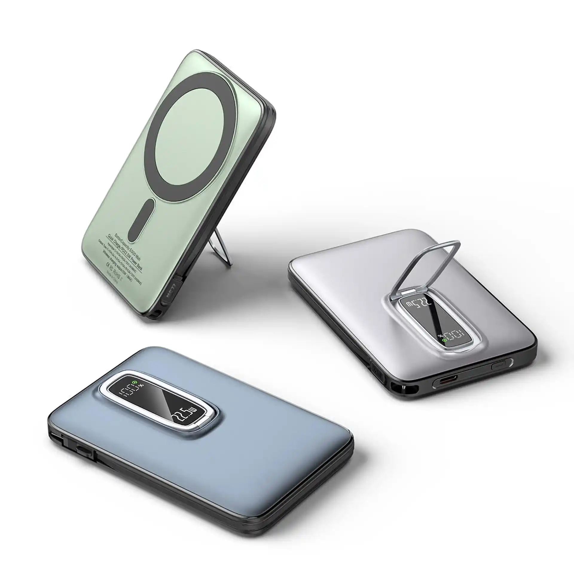 WOPS31 Magnetic Wireless Power Bank 10000mAh with zinc alloy kickstand, 15W Qi2 wireless, 22.5W USB-C PD, built-in detachable Type-C cable, 188 matrix LED display