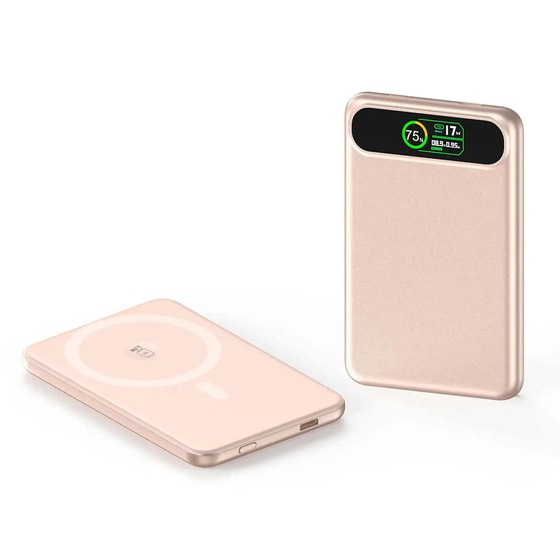 WOPT07 TFT Display Magnetic Wireless Power Bank 5000mAh with 15W phone wireless, 2.5W Apple Watch, 22.5W USB-C PD, ultra-slim 7.9mm metal oxidized shell