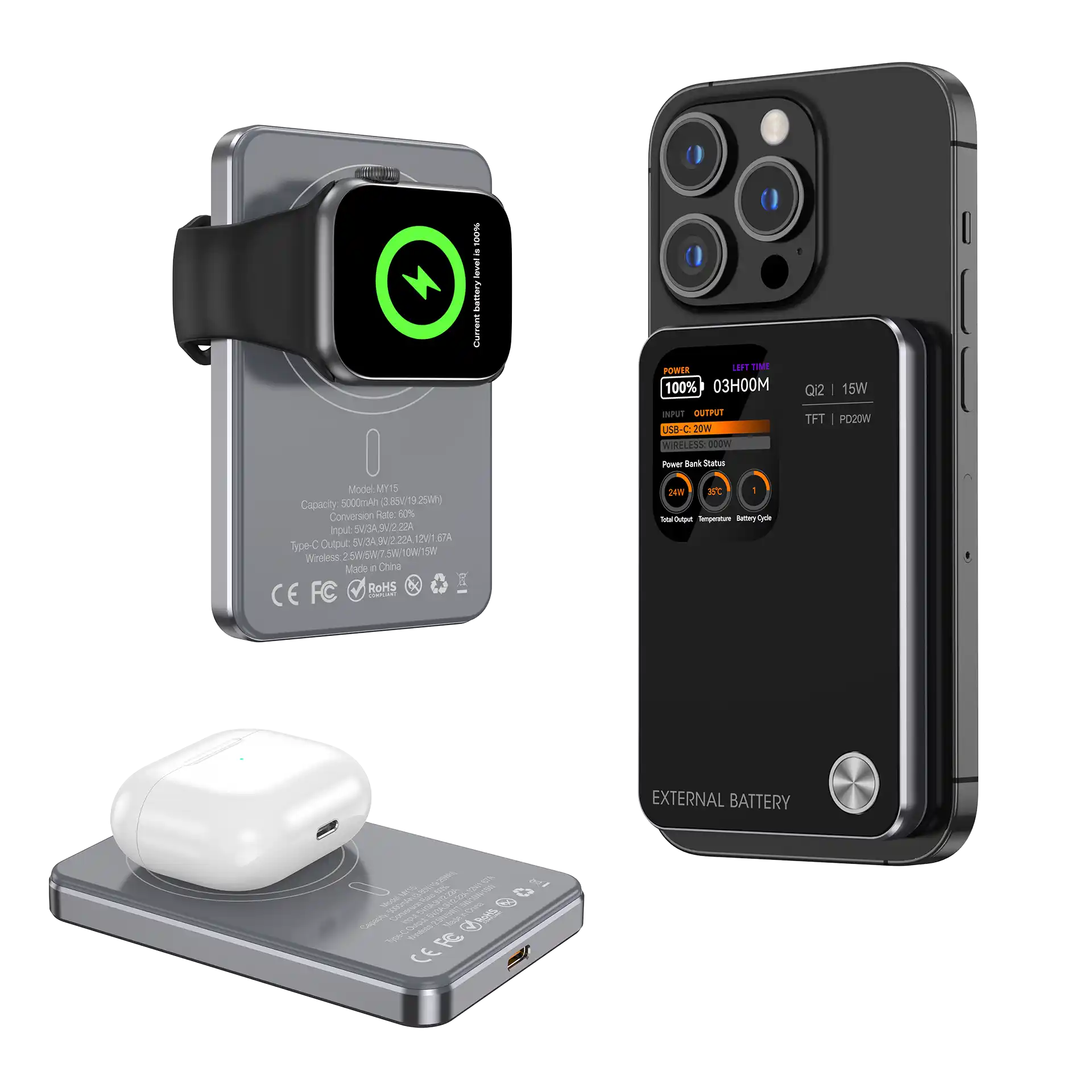 WOP25 10000mAh TFT Display 3-in-1 Magnetic Power Bank