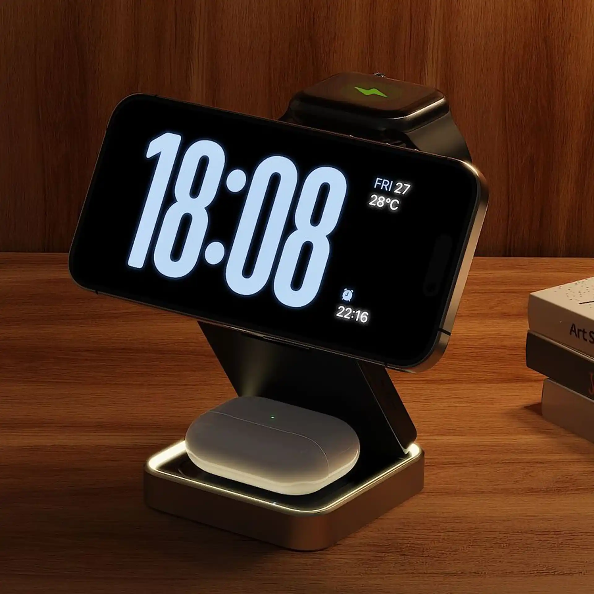 WOW90 3-in-1 Zinc Alloy Folding Wireless Charger with Night Light